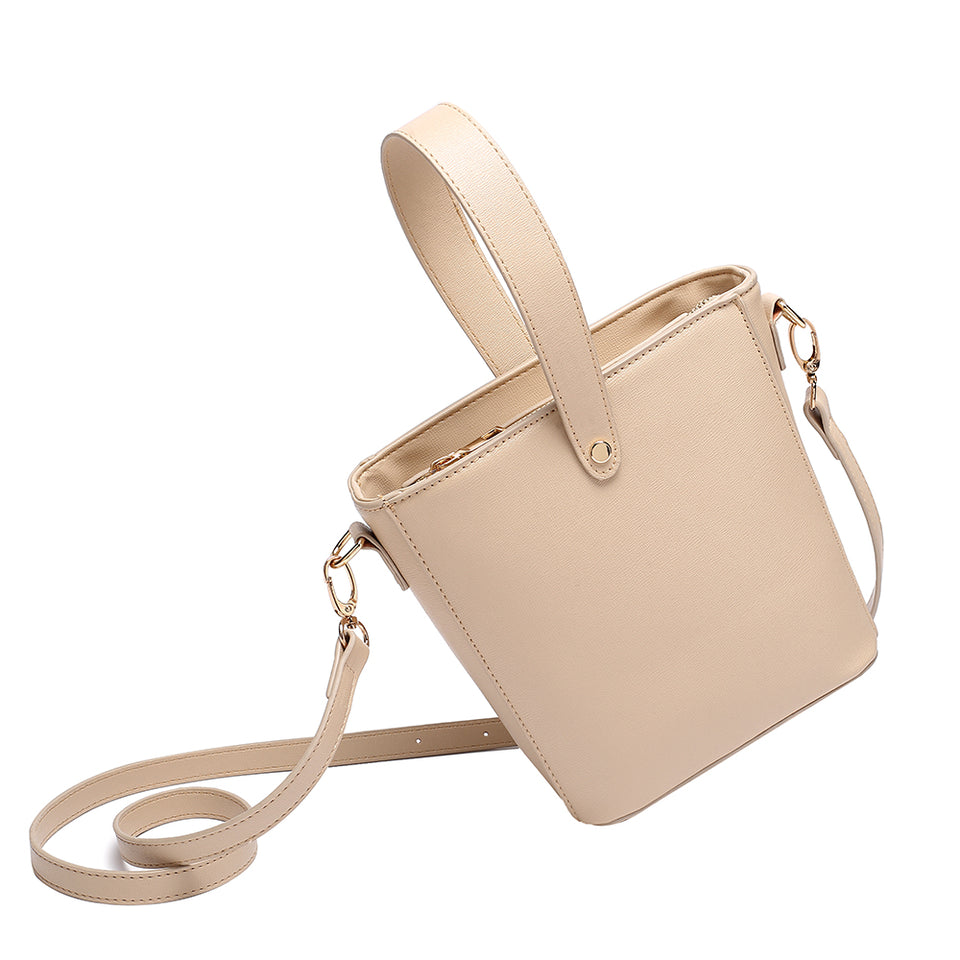 Inverted handle faux leather bucket crossbody bag in Beige