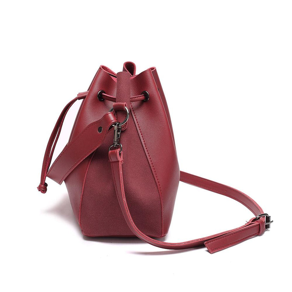 Faux suede leather bucket bag in Wine red