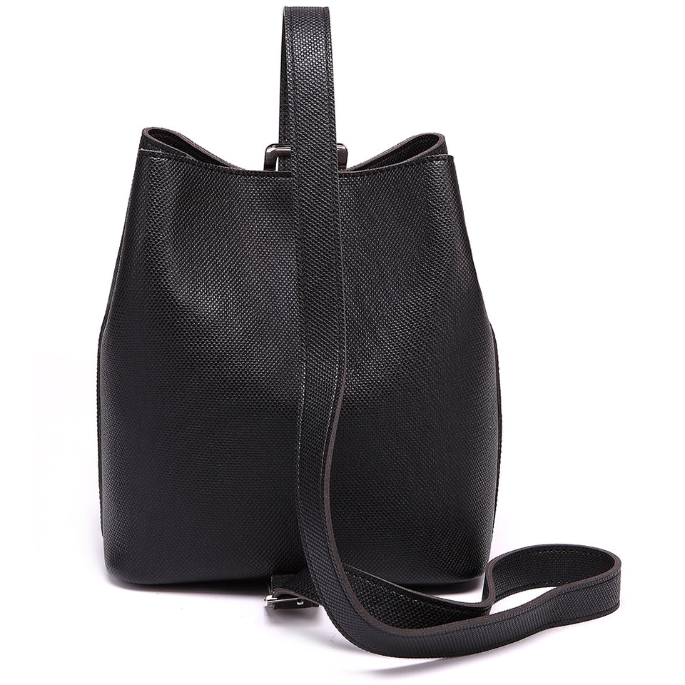 Cutout metal hardware faux leather bucket bag in Black