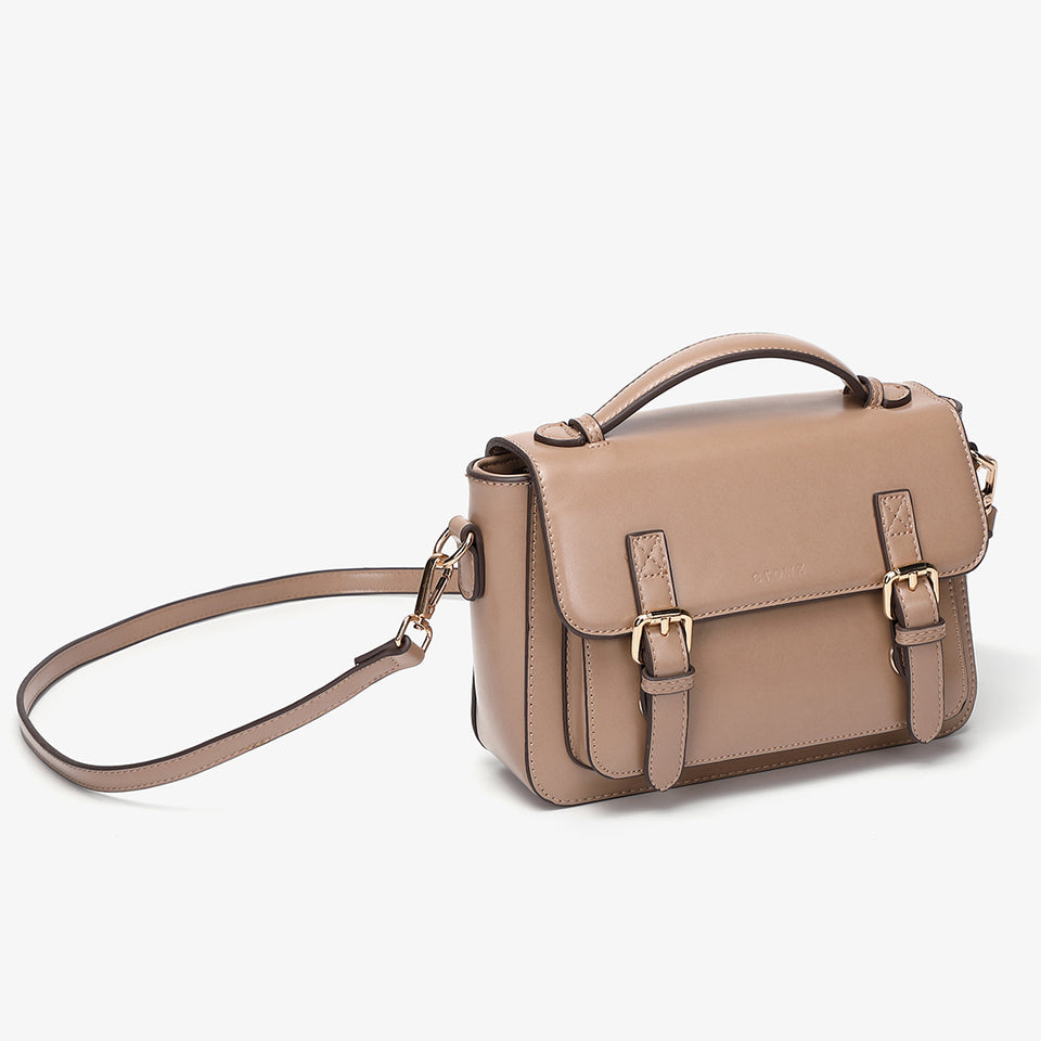 Buckled strap PU leather satchel bag in beige