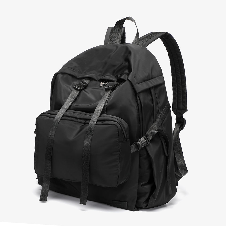 Buckle clip strapped nylon backpack in black